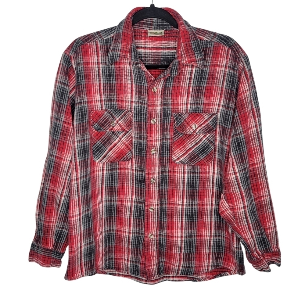 Vintage 80s Five Brother Mens Flannel Plaid Tartan Shirt Size Large in Red White